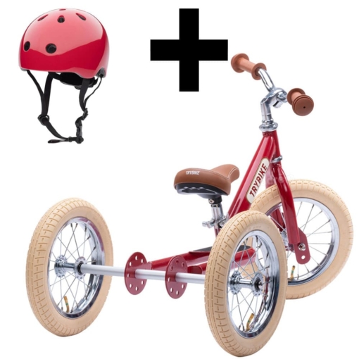 Trybike Vintage Red Balance Bike 2 in 1 Trike and CoConuts Helmet Bundle